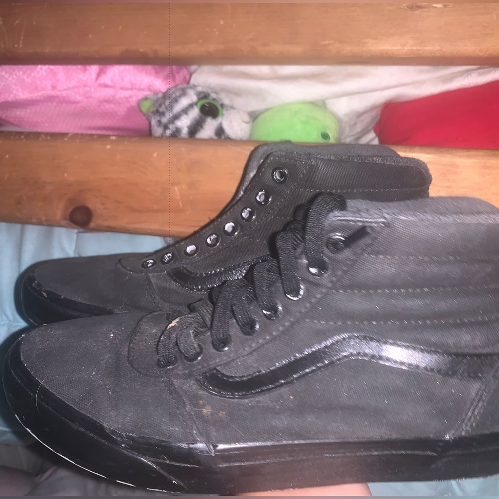 all black vans high tops (one shoes without laces)